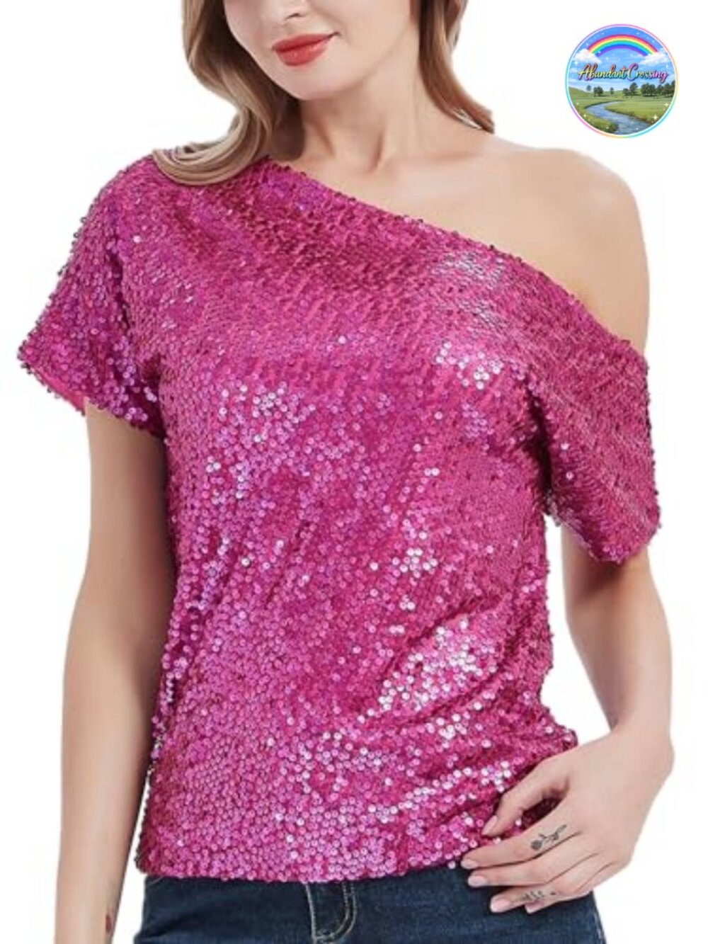 Sequin One Shoulder Short Sleeve Blouse Sparkly Glitter Party Top